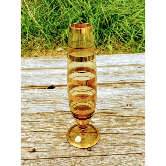 Vintage Glass Mid century Citrine Yellow Gold Stripe Bud Vase Romania - Picture 11 of 11